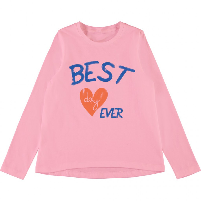 Розова памучна блуза с дълъг ръкав за момиче с надпис "Best day ever"  102421