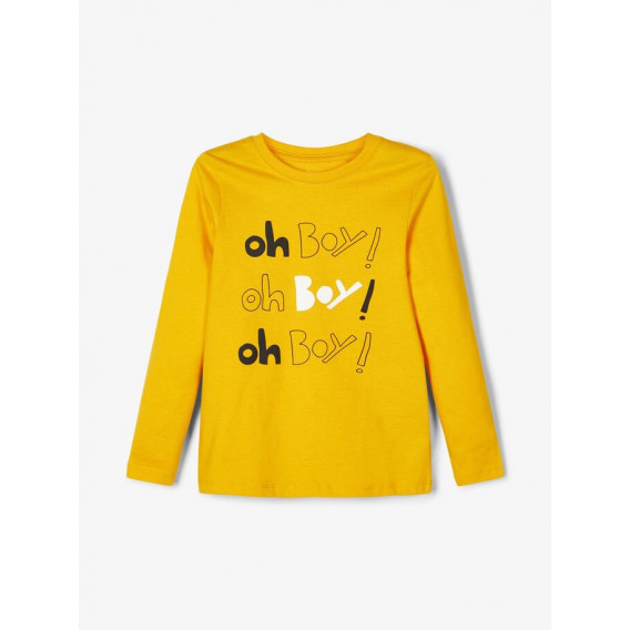 Памучна жълта блуза с дълъг ръкав за момче и графичен принт Name it 102524 