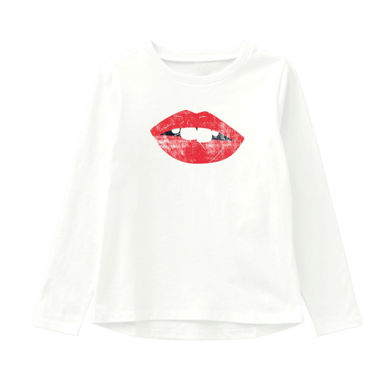 Памучна блуза с принт с издължена задна част, бяла за момиче  107358