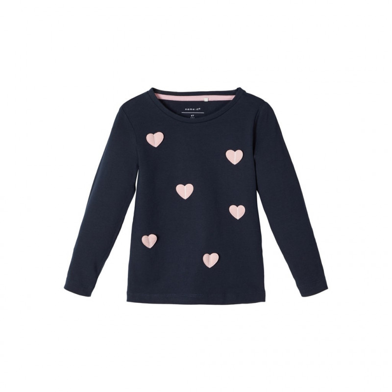 Памучна блуза с пришити розови сърчица, тъмно синя за момиче  107606