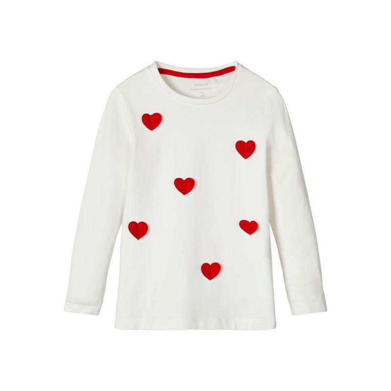 Памучна блуза с пришити червени сърчица, бяла за момиче  107609