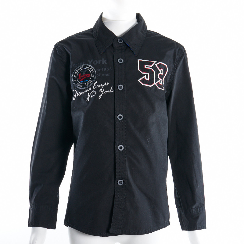 Риза с дълъг ръкав за момче декорирана с бродерия и текстилна апликация, черна  10792