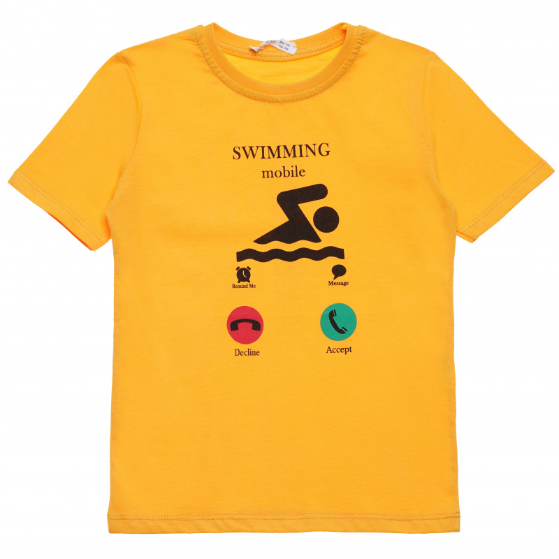 Памучна тениска със забавен принт за момче жълта  114411