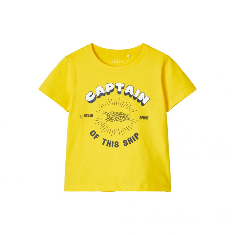 Тениска от органичен памук с надпис за момче жълта  116406