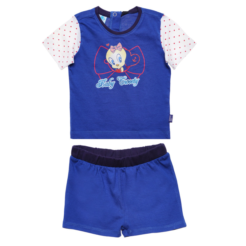 Памучен комплект за бебе с тениска на анимационни герои и синьо долнище  118431