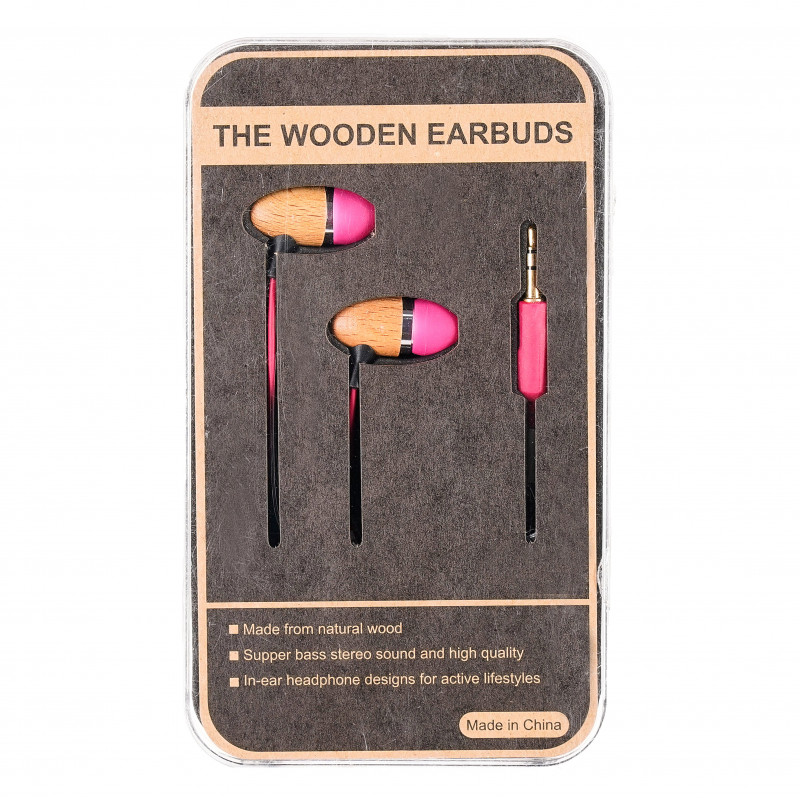Стерео слушалки, Wooden Earbuds, розови  124784