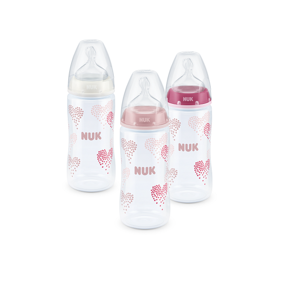 Полипропиленово шише за хранене Pink hearts, с биберон M, 0-6 месеца, 300 мл, цвят: розов NUK 12790 