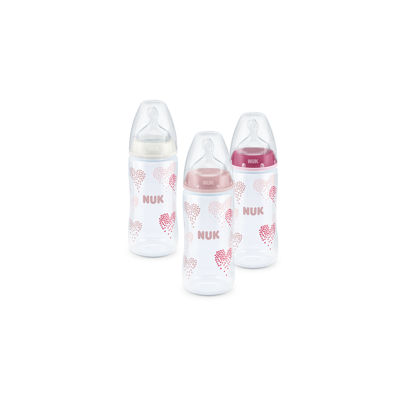 Полипропиленово шише за хранене Pink hearts, с биберон M, 0-6 месеца, 300 мл, цвят: розов  12790