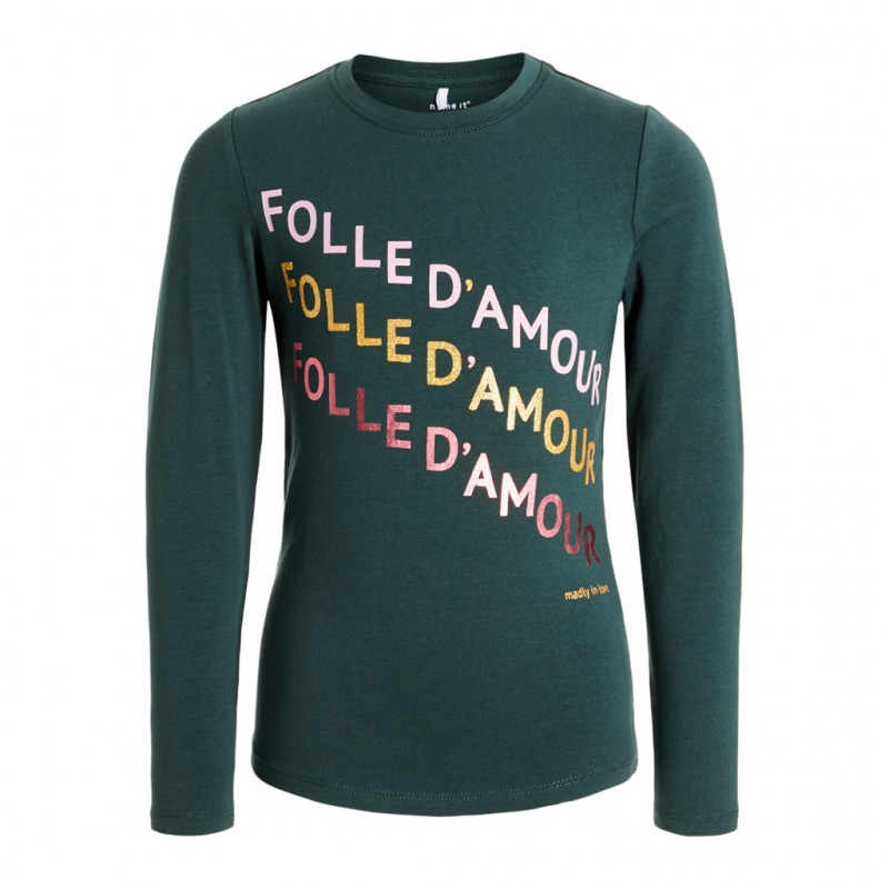 Блуза от органичен памук с надпис Folle d'amour за момиче зелена  127991