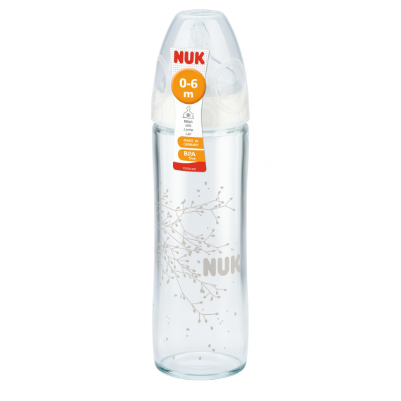 Стъклено шише за хранене, с анатомичен биберон M, 0-6 месеца, 240 мл, цвят: бял NUK 12808 