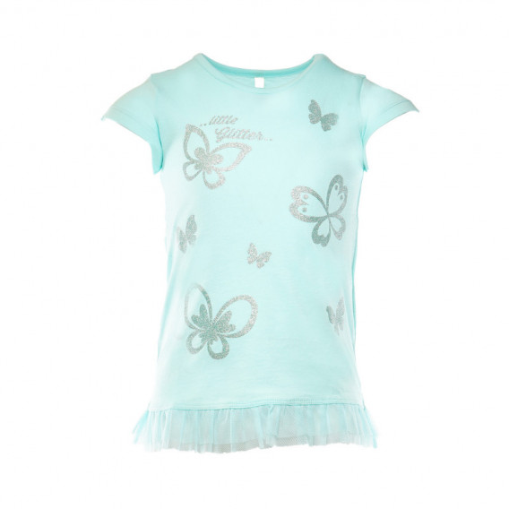 Памучна тениска за момиче с пеперуди, синя Benetton 131233 