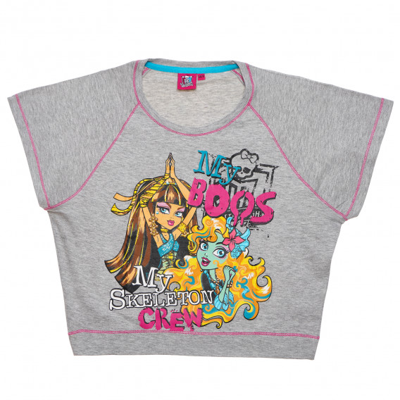 Блуза с къс ръкав и декоративни розови шевове за момиче, сива Monster High 144129 