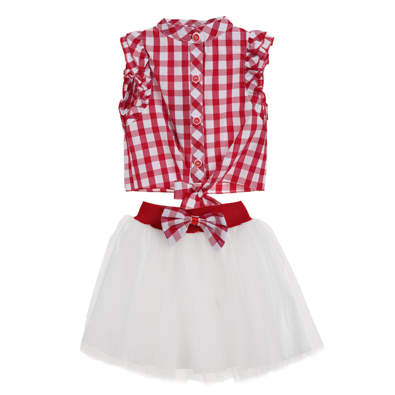 Комплект от пола и топ с връзки в бяло и червено за момиче  148190