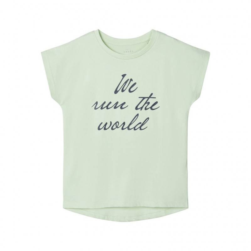 Тениска от органичен памук с графичен принт за момиче в цвят мента  150361