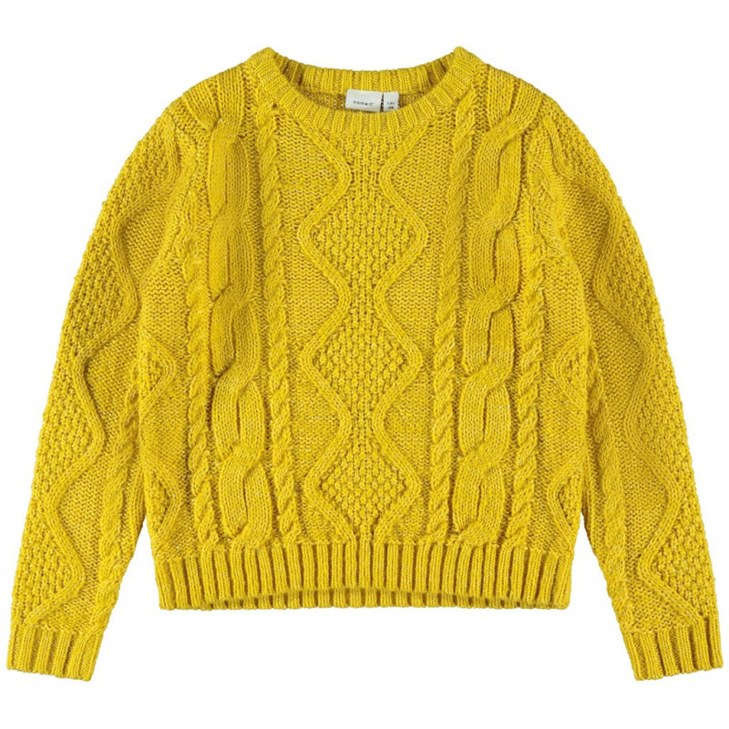 Пуловер с интересна плетка за момиче жълт  151337