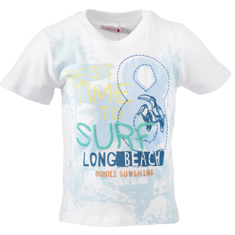 Памучна тениска с надпис и щампа за бебе за момче бяла  153779