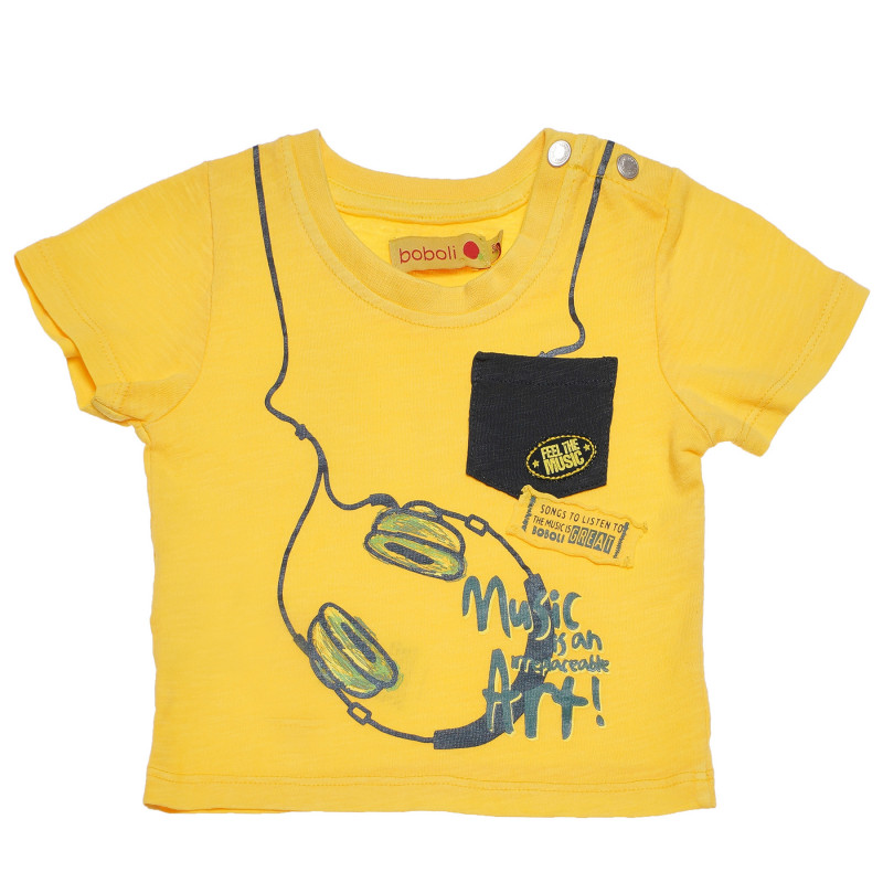 Памучна тениска с щампа и джоб за бебе жълта  154846