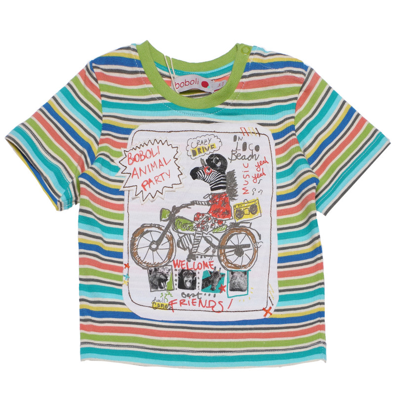 Памучна тениска в цветно райе с щампа за бебе  154869