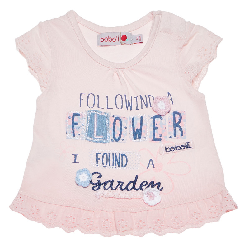 Памучна тениска с къдрички и апликации за бебе за момиче розова  154938