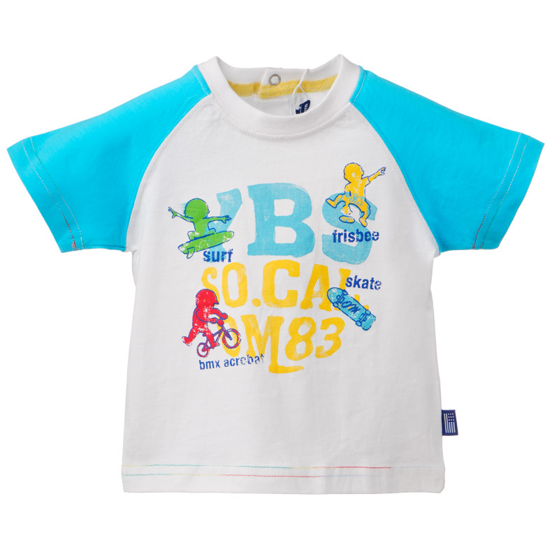 Памучна тениска за бебе с контрастни ръкави в бяло и синьо  157072
