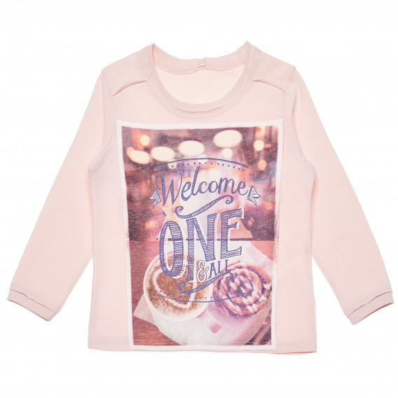 Памучна блуза с дълъг ръкав и щампа Оne за бебе, розова Benetton 168320 