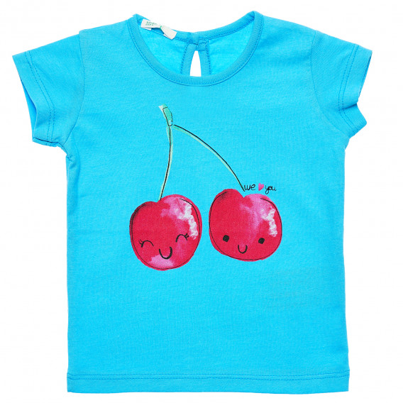 Памучна тениска с щампа на череши за бебе, синя Benetton 168480 