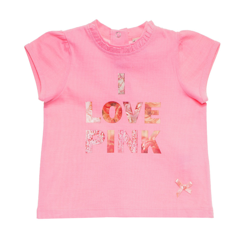 Памучна тениска с къдрички и надпис за бебе, розова  170471