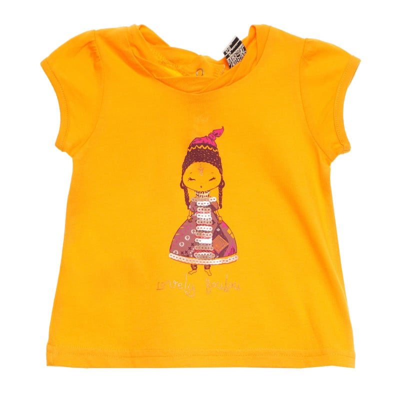 Памучна тениска с щампа и апликация за бебе, жълта  170475