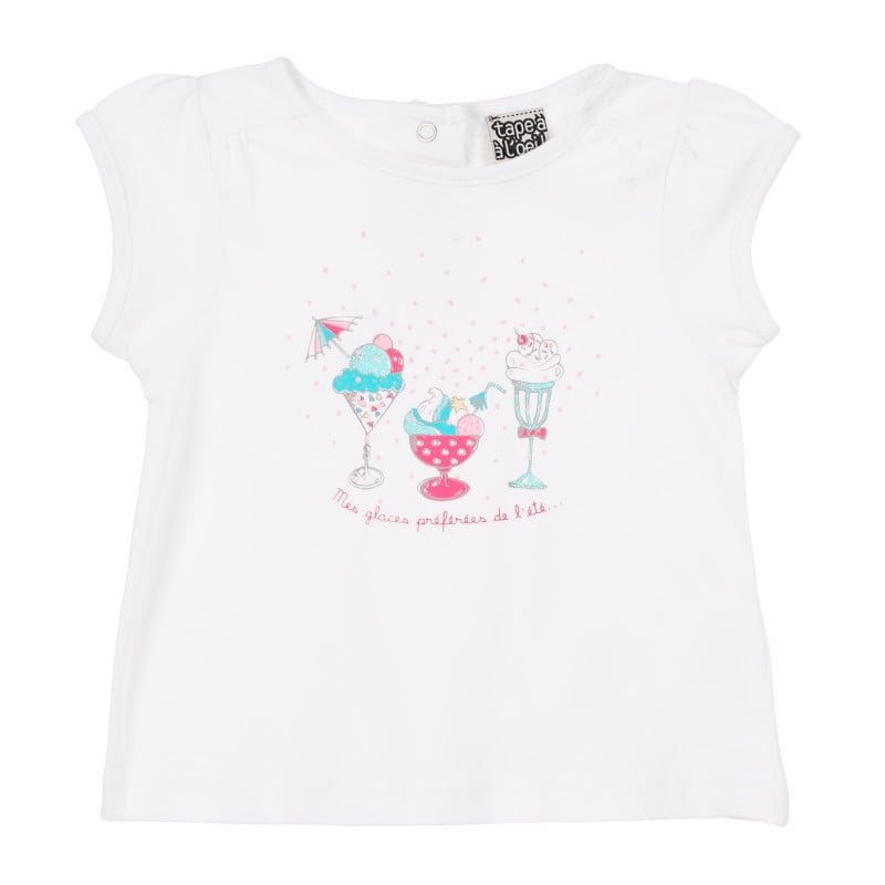 Памучна тениска с графичен принт на сладоледи за бебе, бяла  171696