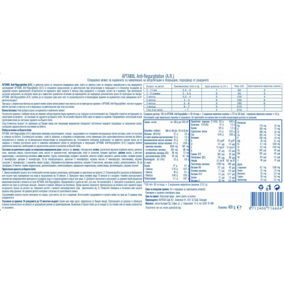 Мляко за кърмачета Aptamil AR 1 против повръщане и оригване от 0-6 месеца, кутия 400 гр. Milupa 173084 2