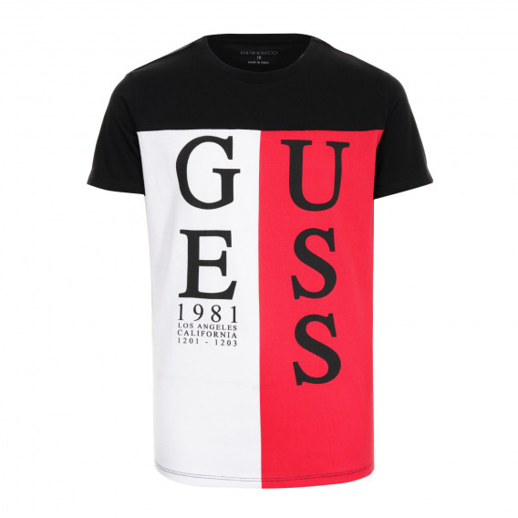 Памучна тениска с надпис в черно за момче бяло и червено Guess 176358 
