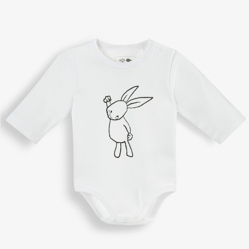 Памучно боди с дълъг ръкав и щампа на зайче за бебе, бяло  180127