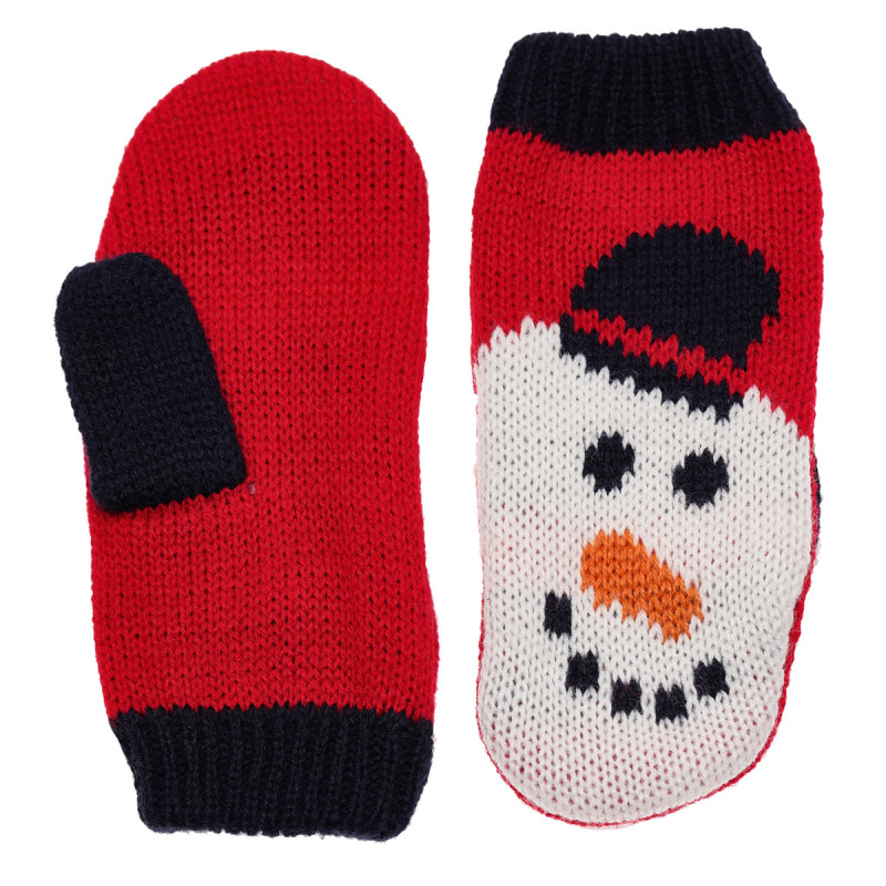 Плетени ръкавици с принт на снежен човек, червени  182879