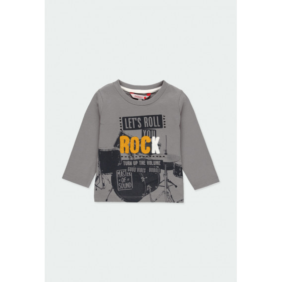 Памучна блуза с дълъг ръкав и плюшен надпис Rock за момче сива Boboli 185550 