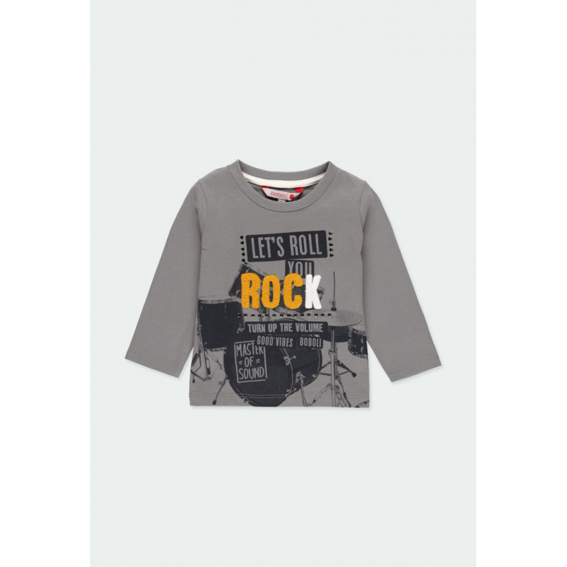 Памучна блуза с дълъг ръкав и плюшен надпис Rock за момче сива  185550