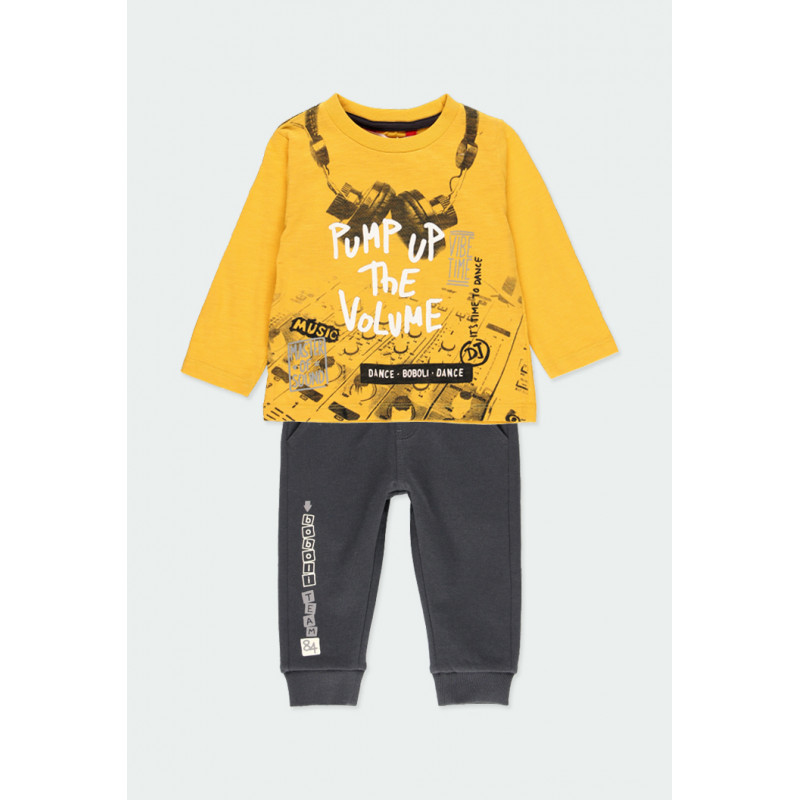 Памучен комплект блуза и панталон в жълто и сиво за момче  185574