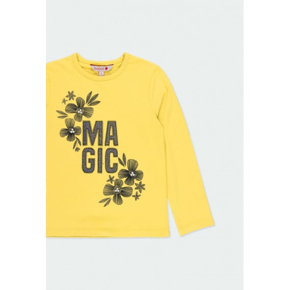 Памучна блуза с дълъг ръкав за момиче надпис и флорален принт, жълта Boboli 185597 3