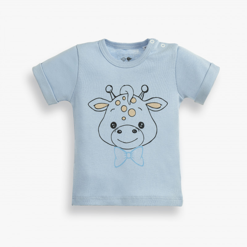 Памучна тениска с подгъв на ръкавите и принт за бебе момче, светло синя  185939