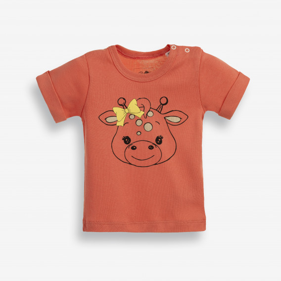 Памучна тениска с подгъв на ръкавите и принт за бебе в коралов цвят PIPPO&PEPPA 185947 