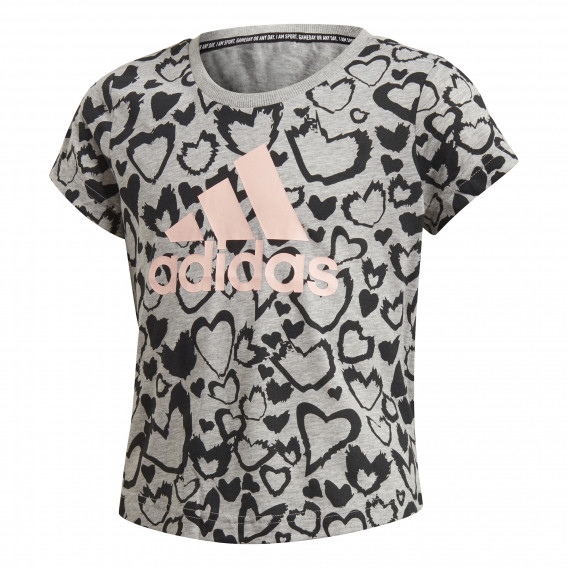 Тениска с принт на сърца и розово лого на бранда за момиче сива Adidas 193149 