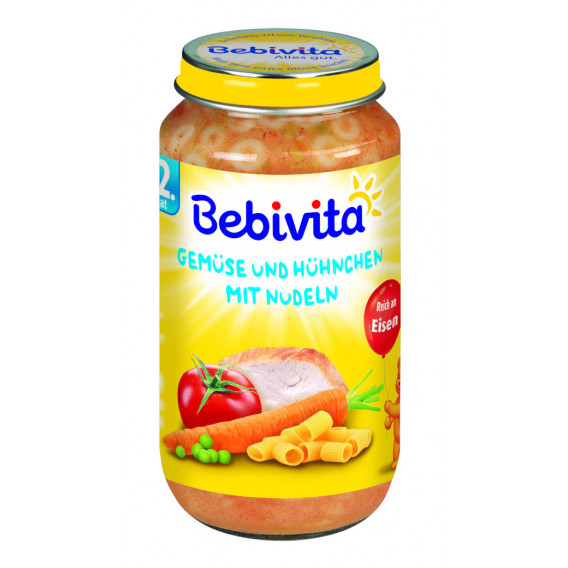 Пюре от зеленчуци, спагети и пилешко месо, 1+ години, бурканче 250 гр. Bebivita 19649 