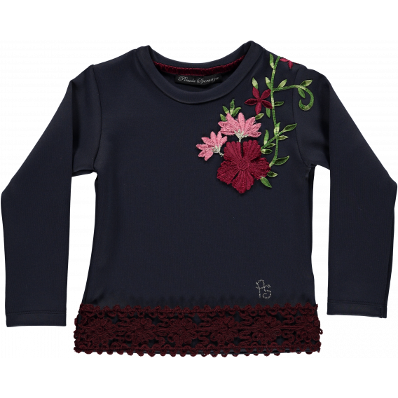 Блуза с дълъг ръкав за момиче с бродирани цветя и кант в бордо за момиче Picolla Speranza 20290 