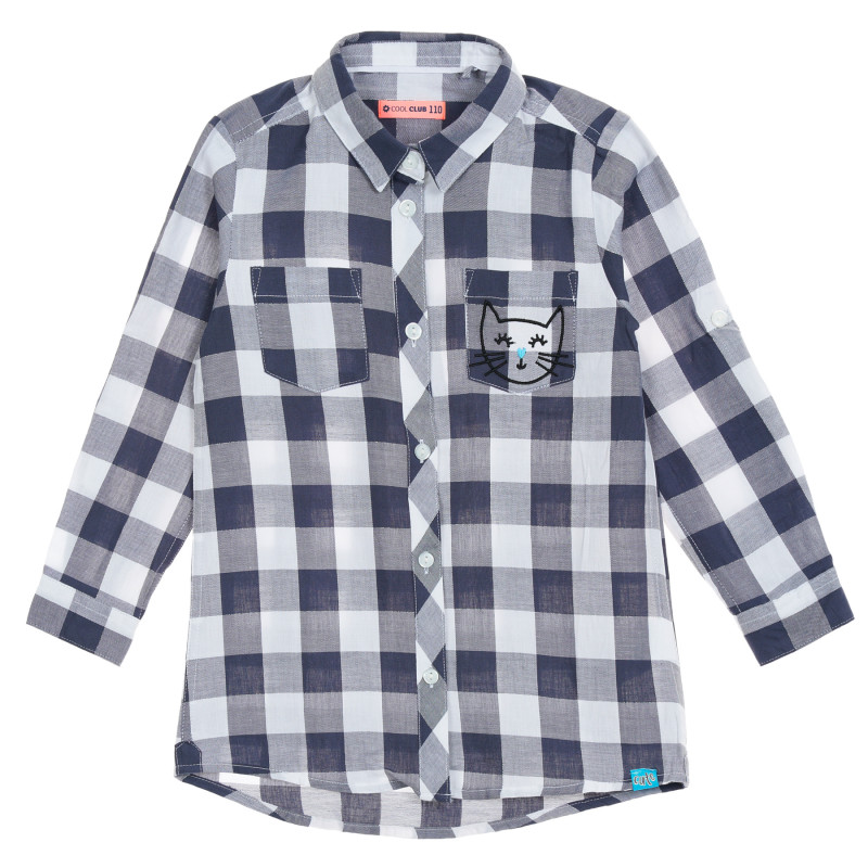Памучна карирана риза с бродерия коте в бяло и синьо за момиче  203703