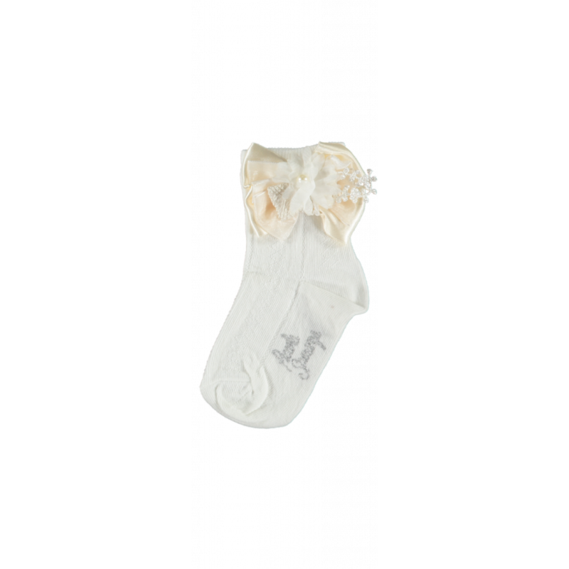 Чорапи за момиче с голяма панделка и дантела в перлен цвят  20403