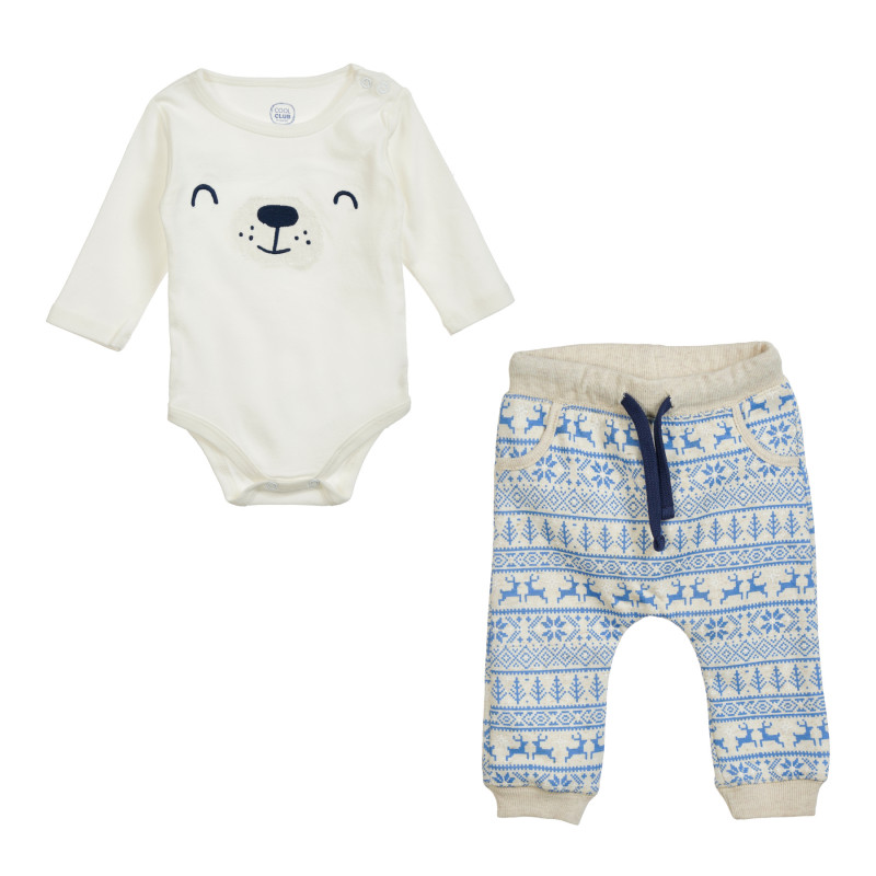 Комплект боди и панталон за бебе в бежово и синьо  204380