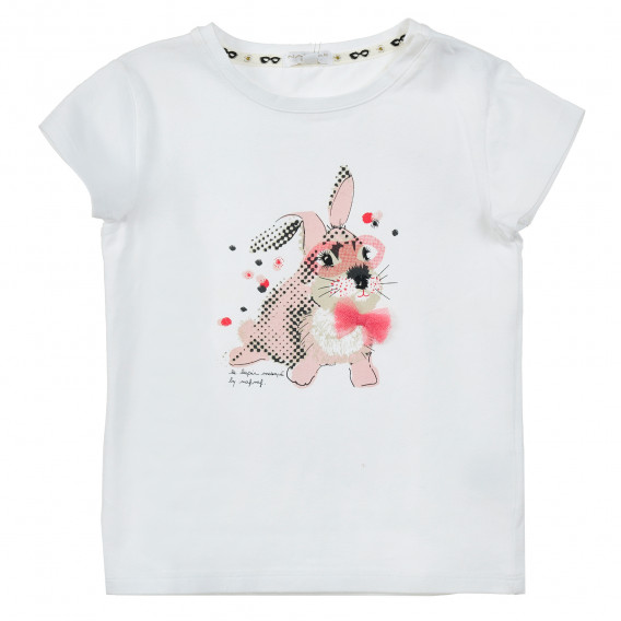 Памучна тениска с щампа и панделка за момиче бяла Naf Naf 205894 