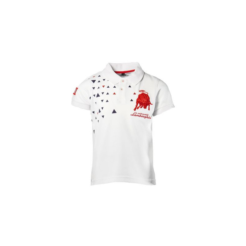 Поло тениска с бродирана емблема на марката и геометричен мотив за момче, бяла  20873