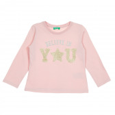 Памучна блуза с дълъг ръкав и брокатена щампа за бебе, розова Benetton 211789 