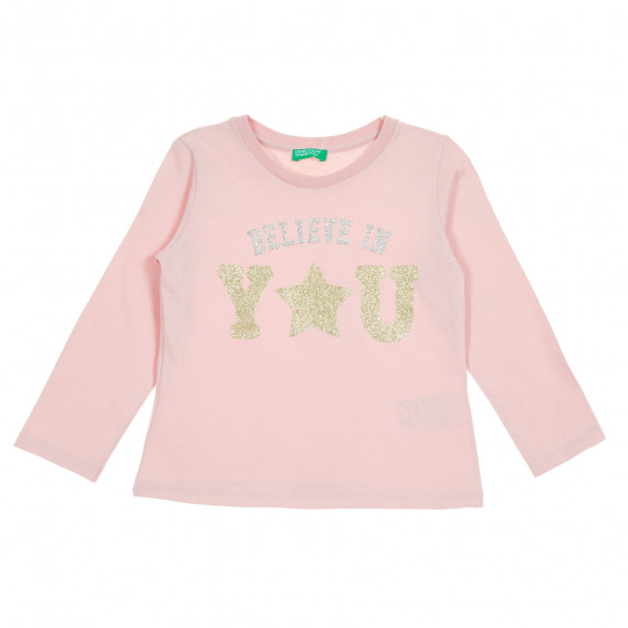 Памучна блуза с дълъг ръкав и брокатена щампа за бебе, розова Benetton 211789 