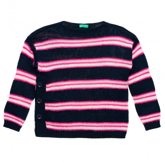 Плетен пуловер с розови райета, тъмно син Benetton 213043 